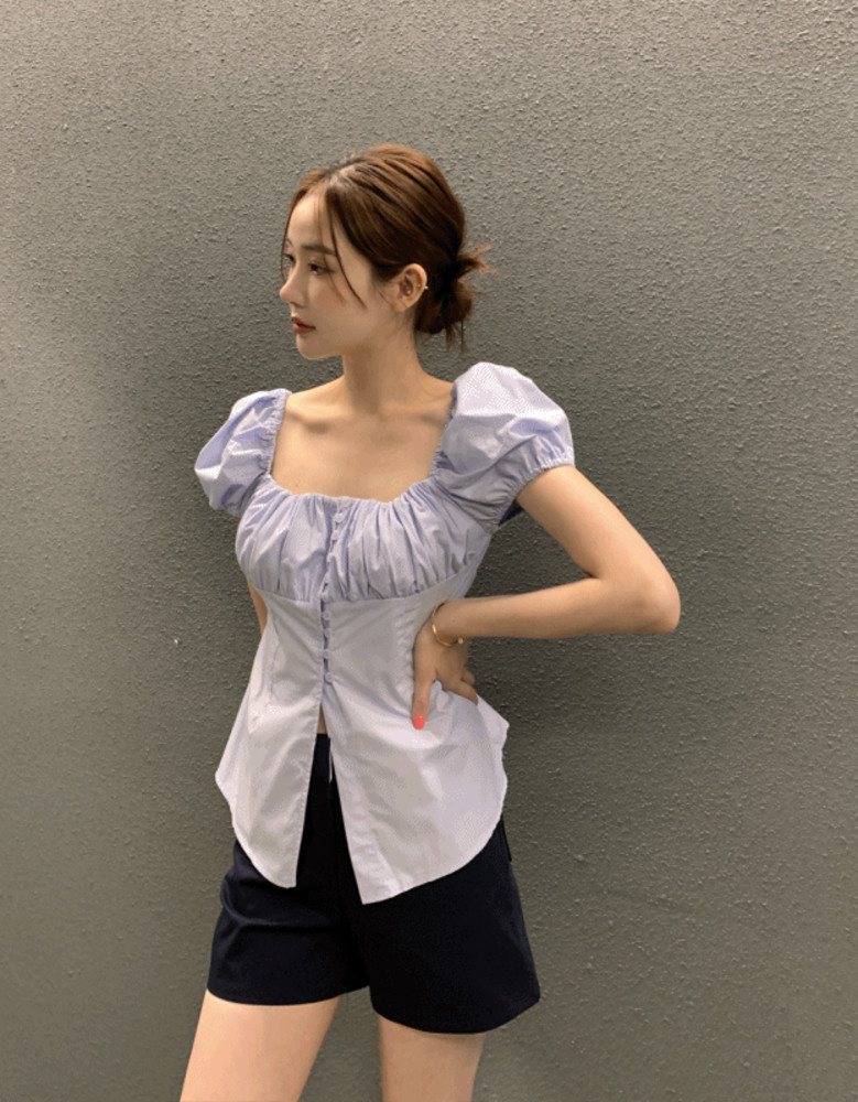 ins single-breasted square collar tie back puff sleeve shirt