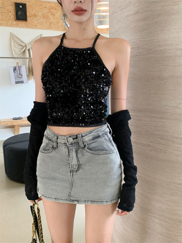 Real price real shot New sequin sexy halter vest long-sleeved knitted blouse