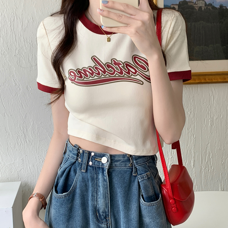 Real shot round neck short-sleeved t-shirt women's top summer American style retro summer short section slim hot girl front shoulder top