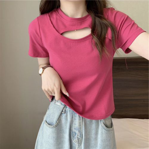 Hollow short-sleeved T-shirt female summer Korean version of the new careful machine slim fit candy color student top female trendy ins