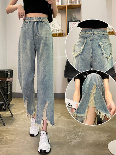 Ripped jeans for women, straight-leg summer thin design, nine-point, old-fashioned tassel slit slim pants for small people