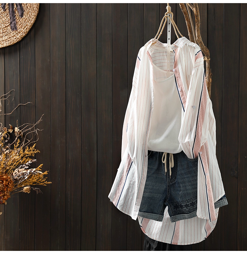 Striped long-sleeved thin shirt jacket women's pattern long-sleeved thin summer loose casual all-match mid-length sunscreen shirt