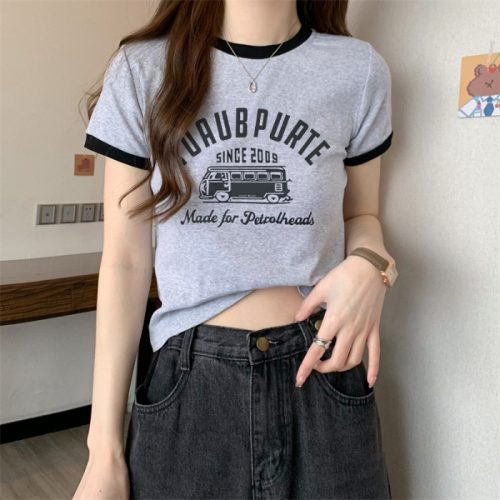 Summer Sweet Spice Girl Contrast Color Round Neck Short Top Short Sleeve T-Shirt Female