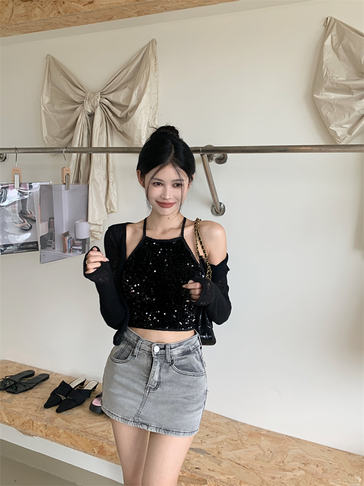 Real price real shot New sequin sexy halter vest long-sleeved knitted blouse