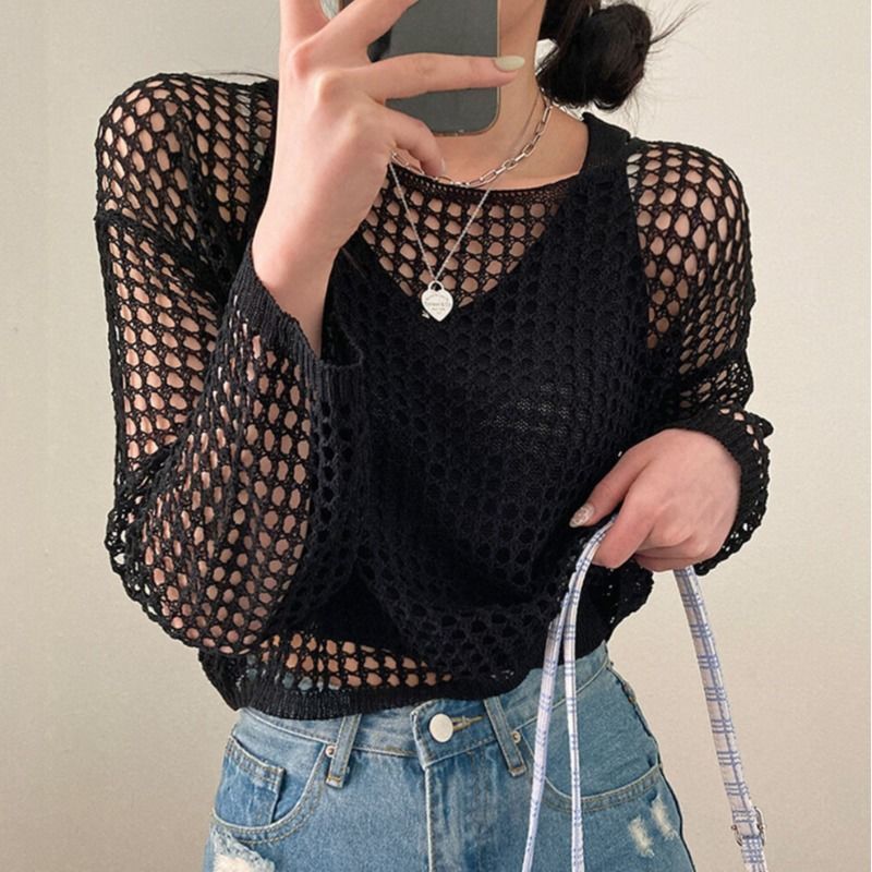 Summer 2023 new sweet and spicy pure desire wind top women's thin knitwear suspenders long-sleeved sunscreen blouse two-piece set