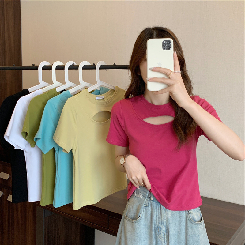 Hollow short-sleeved T-shirt female summer Korean version of the new careful machine slim fit candy color student top female trendy ins