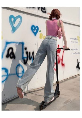 Flip waist letter design sense straight jeans women's summer 2023 new high waist thin wide leg pants trend