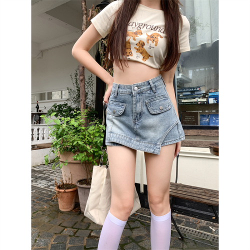 Real shot#Irregular denim skirt female summer Korean version of high waist slimming design sense bag hip shorts skirt tide