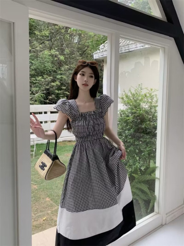 Small flying sleeve plaid contrast color temperament dress women's summer  new waist a-line design sense of thin long skirt