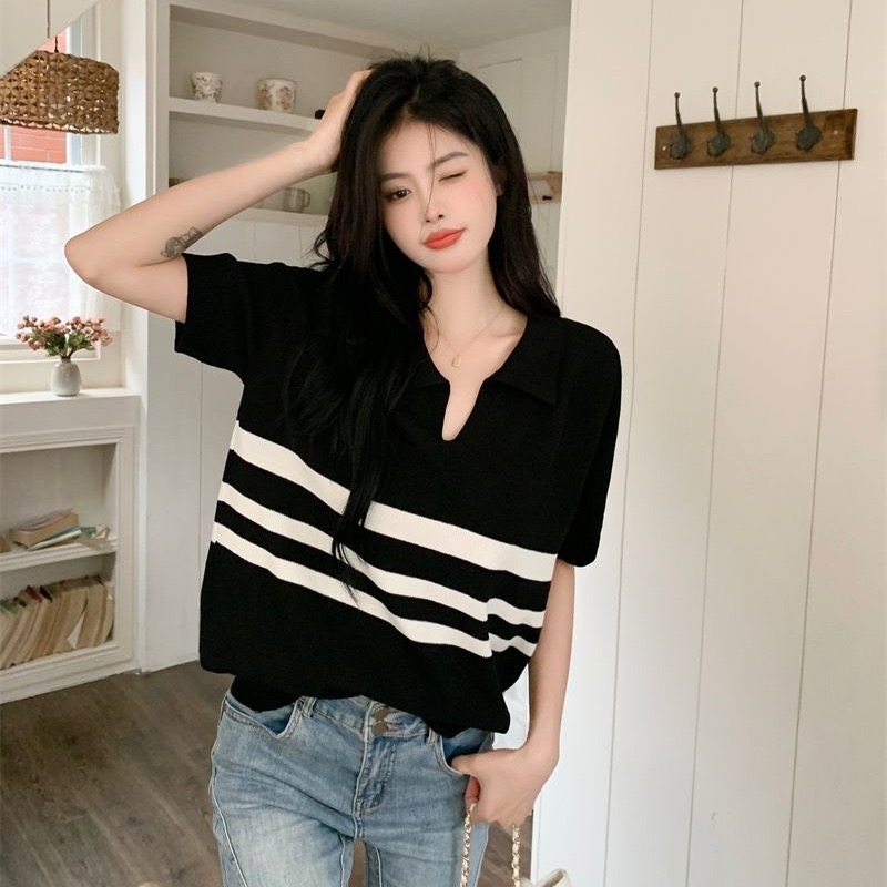 Striped short-sleeved T-shirt women's 2023 summer new fashion pullover polo collar loose all-match knitted T-shirt top