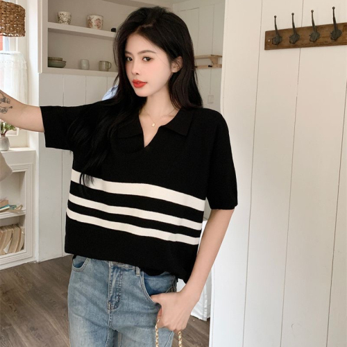 Striped short-sleeved T-shirt women's  summer new fashion pullover polo collar loose all-match knitted T-shirt top