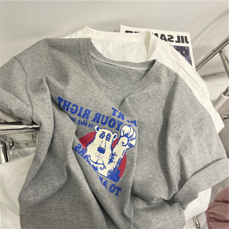 2023 new Korean version of cartoon letters bear print plus size women's loose and versatile round neck short-sleeved T-shirt