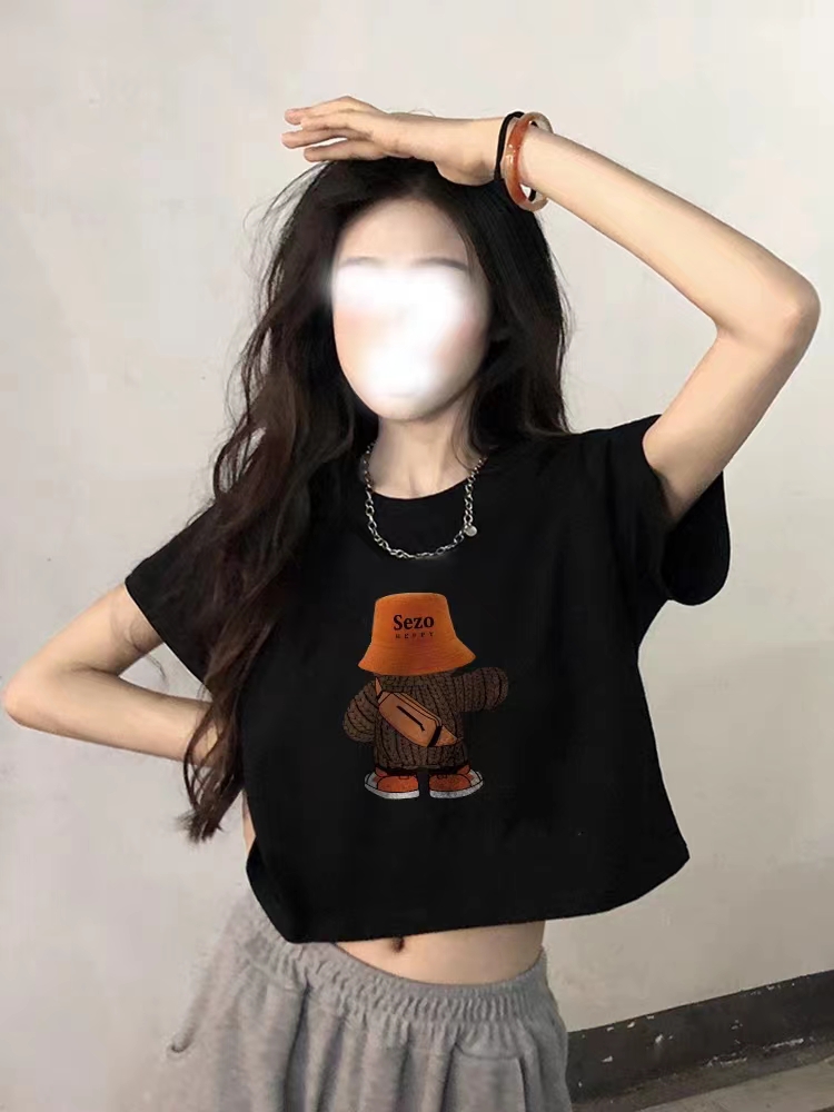Two kinds of fabrics, short-sleeved ultra-short navel shirt, female Korean version, loose student top, pure cotton bag collar