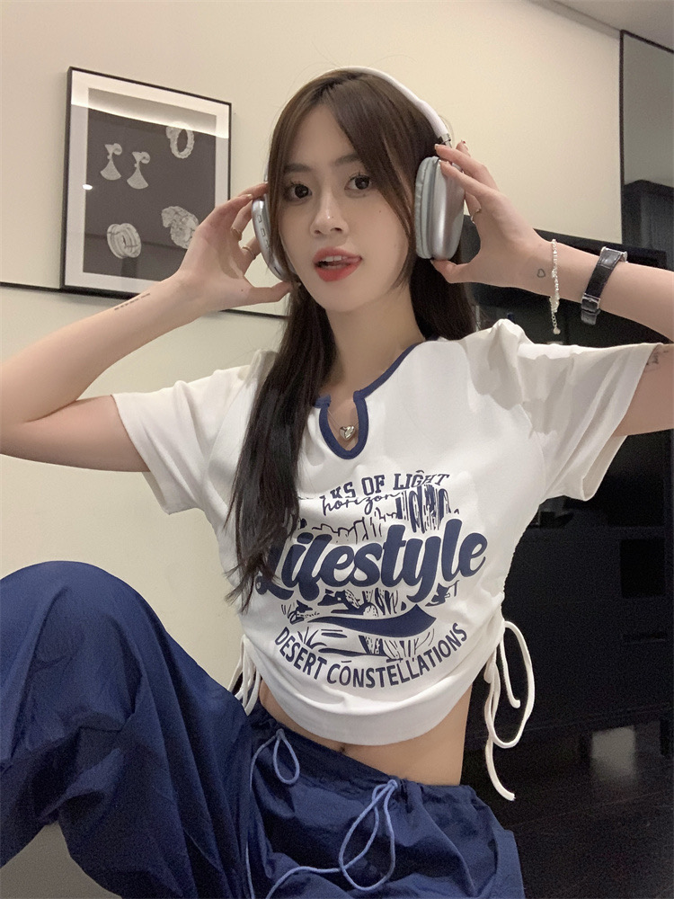 Shipped ribbed short side measuring side drawstring V-neck elastic short-sleeved T-shirt top
