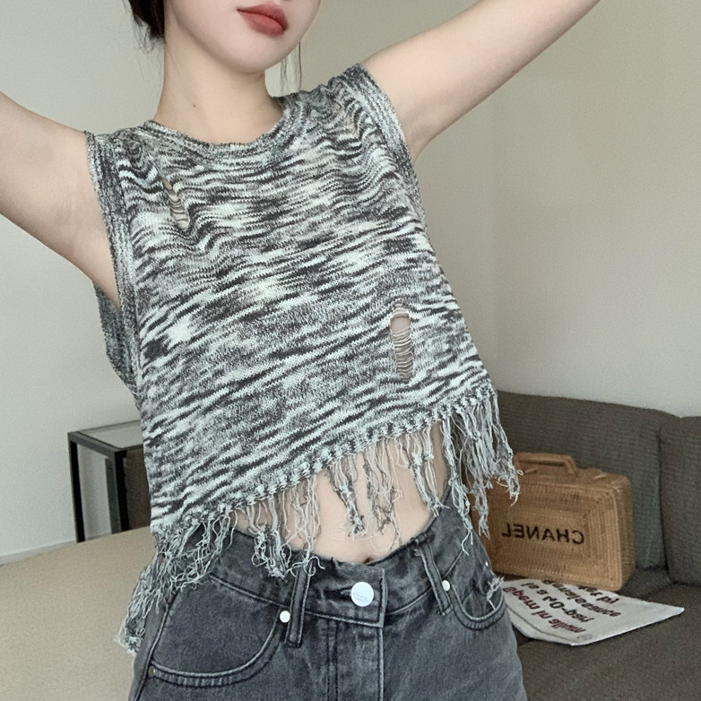 New design sense niche all-match salt system mixed color tassel edge round neck hollow sleeveless knitted sweater vest top women