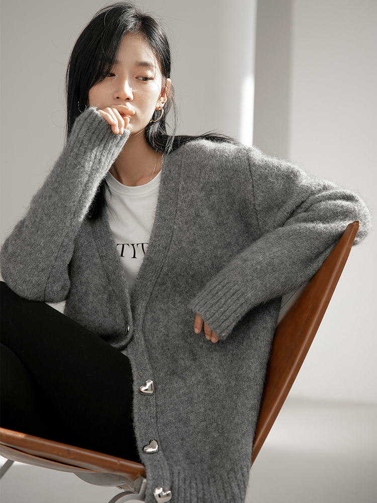 2023 Autumn Korean Style Love Button Loose Wool Cardigan Women's Winter Knitted Mohair Warm Sweater Jacket