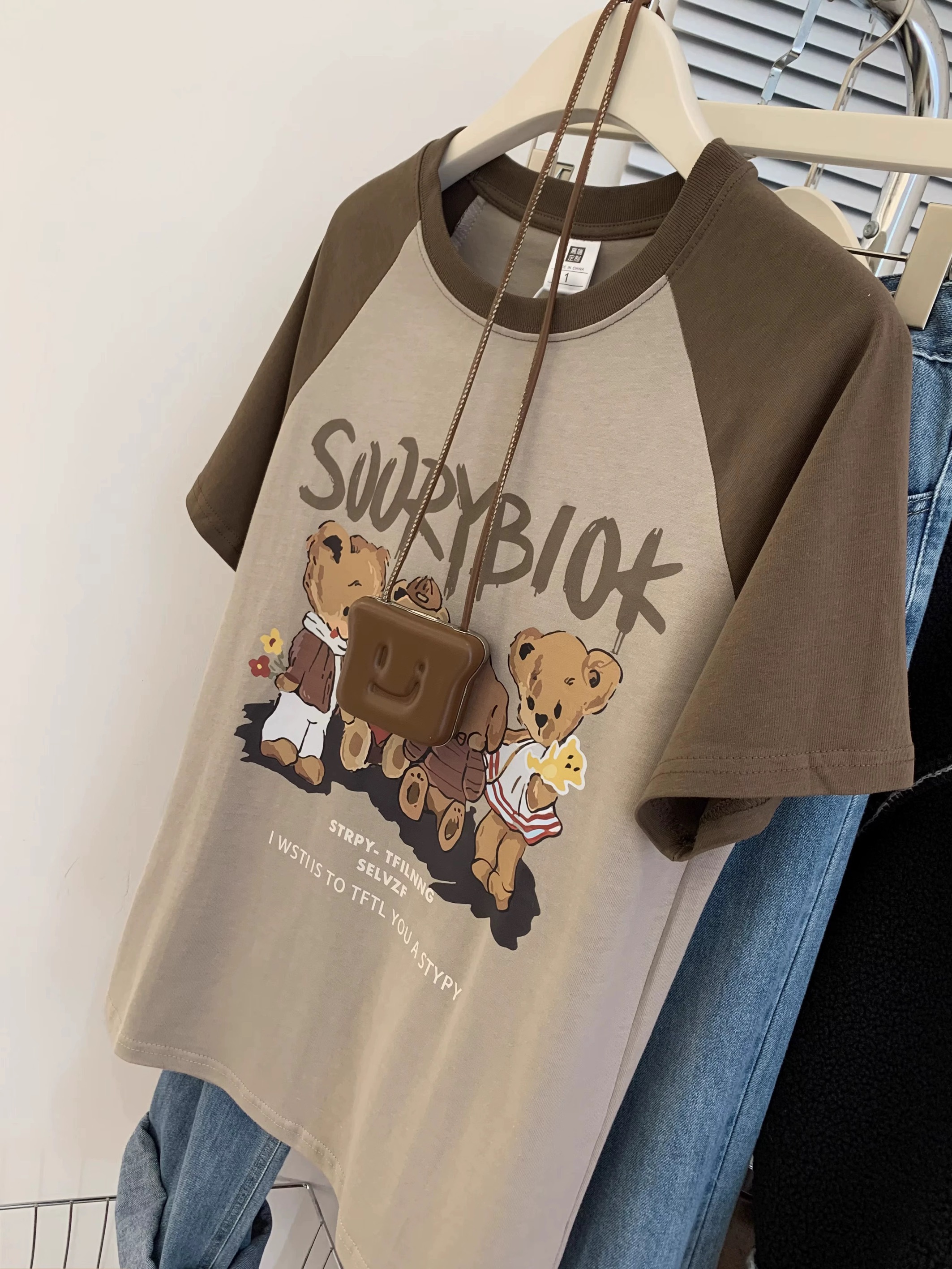 Cotton back pack collar new Korean version of fat MM large size raglan bear bear t-shirt women's summer short-sleeved T-shirt tops all-match