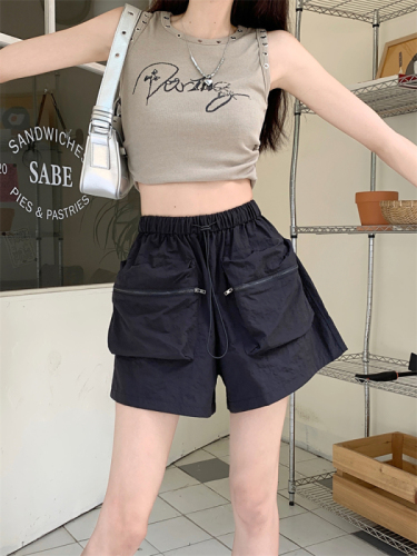 Real shot Nett price~American style elastic waist tooling pocket quick-drying casual skirt women's high waist slim wide-leg shorts