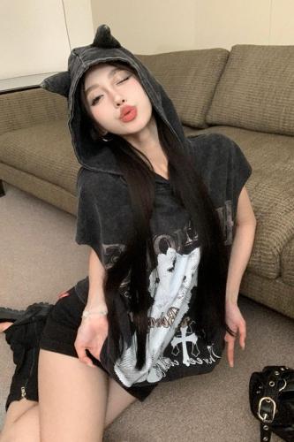 6535 Rack Washing Cotton Retro Cat Sleeveless Hooded Vest Top Female Summer Korean Version