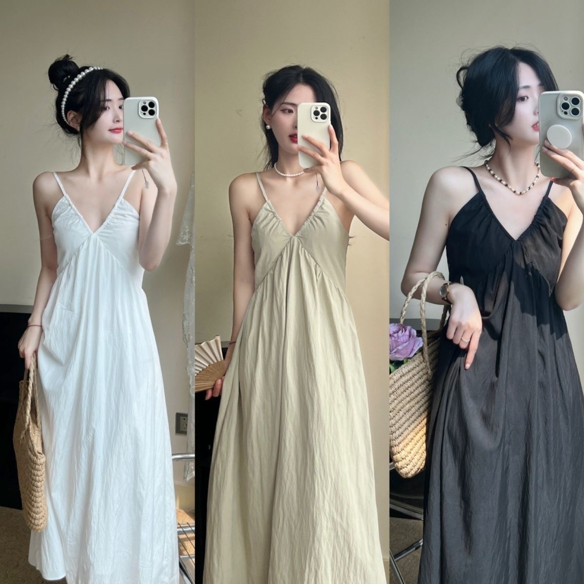 2023 new Hepburn style v-neck suspender dress ins slim waist temperament design long knee-length mid-length skirt