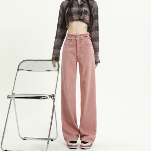 Dirty pink jeans women's spring 2023 new high waist double button raw edge loose straight wide leg mopping pants