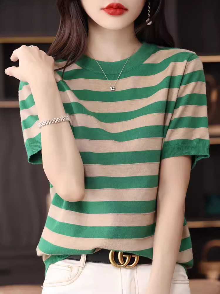 White striped short-sleeved knitted T-shirt for women Modal half-sleeved loose, lightweight and breathable large size round neck T-shirt top