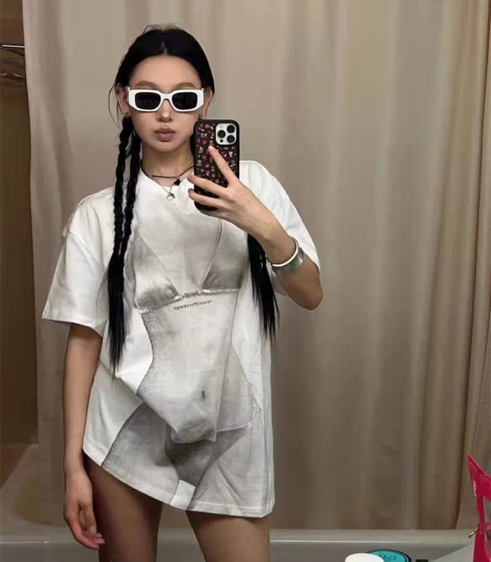 Back pack collar 100 cotton printed mid-length loose summer short-sleeved T-shirt women's fashion