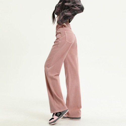 Dirty pink jeans women's spring 2023 new high waist double button raw edge loose straight wide leg mopping pants