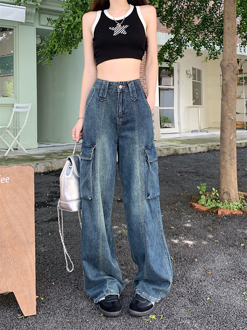 Real shot American tooling jeans women's summer 2023 new high waist slim loose straight drape floor mopping pants