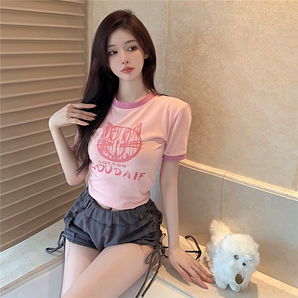 Cartoon letter printing tied rope short-sleeved T-shirt female Korean version of the new slim slim short top ins tide