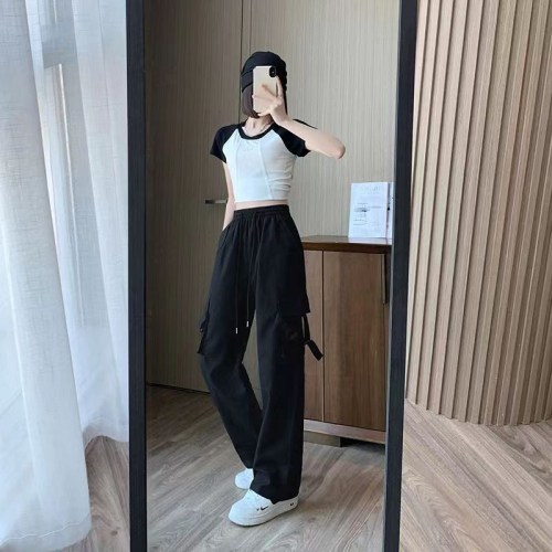 Pink overalls women's summer thin section high waist slimming wide leg casual small American quick-drying sweatpants