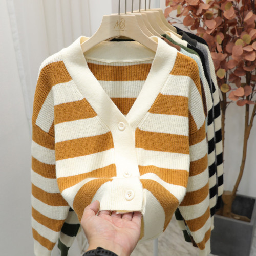 European design sense color contrast knitted cardigan women  autumn and winter v-neck high waist short striped sweater jacket