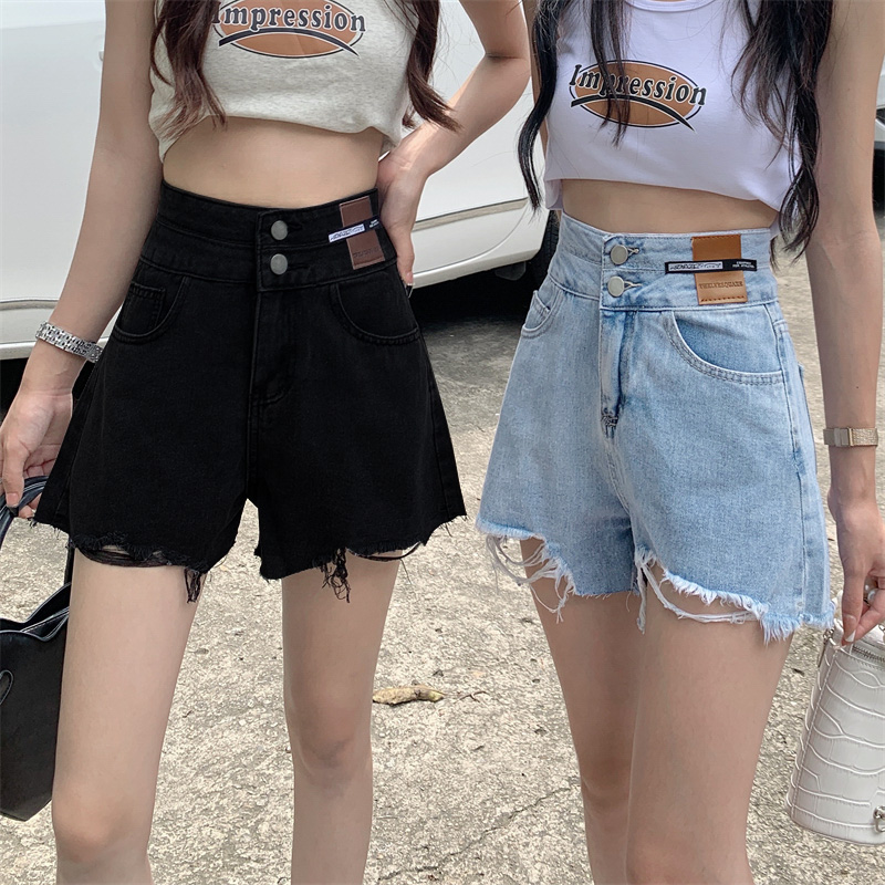 Summer new style double-button leather brand high-waisted wide-leg raw edge internet celebrity a-line hot niche ripped denim shorts for women