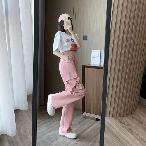 Pink overalls women's summer thin section high waist slimming wide leg casual small American quick-drying sweatpants