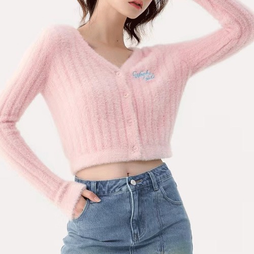 Sweet, pure, soft waxy embroidery 2023 autumn and winter new V-neck top short knitted cardigan all-match slim sweater