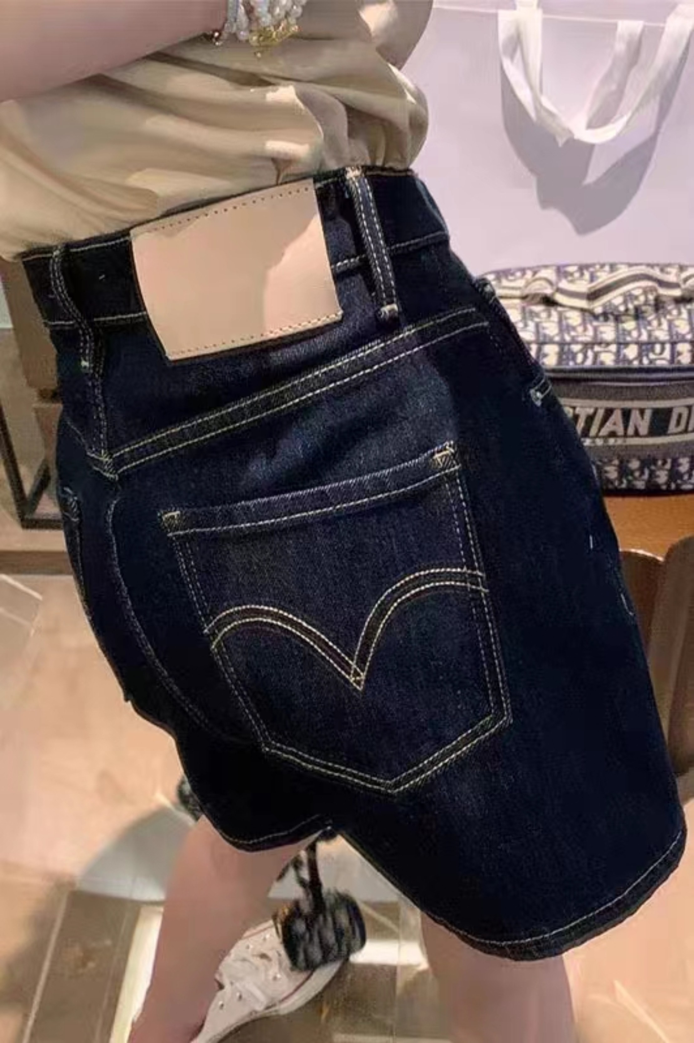 Dark blue high waist denim shorts women 2023 new spring and summer high waist loose slim straight small wide leg pants