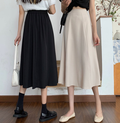 ~2023 new Korean version high waist thin mid-length a-line skirt solid color over the knee all-match skirt for women