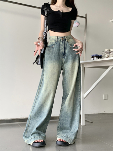 ~ American retro washed jeans women's high waist slim straight wide leg mopping trousers