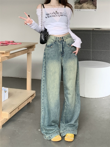 ~ American retro washed jeans women's high waist slim straight wide leg mopping trousers