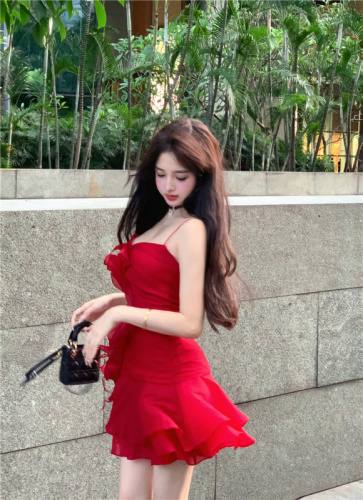 Real price real shot French red rose V-neck suspender dress new style small hot girl waist slimming a-line skirt
