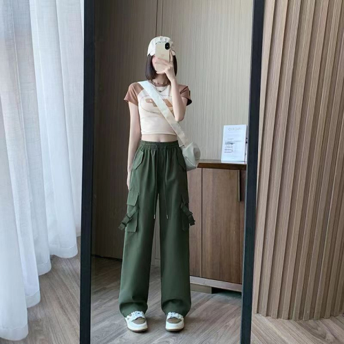 Pink overalls women's summer thin section high waist slimming wide leg casual small American quick-drying sweatpants