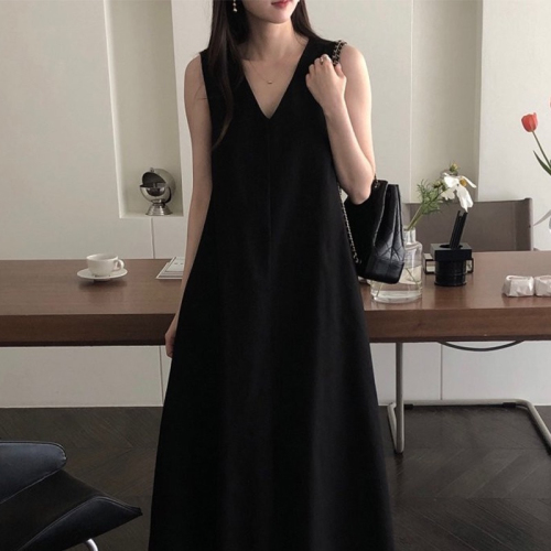 Korean chic summer French retro V-neck loose casual solid color over-the-knee long sleeveless vest dress female