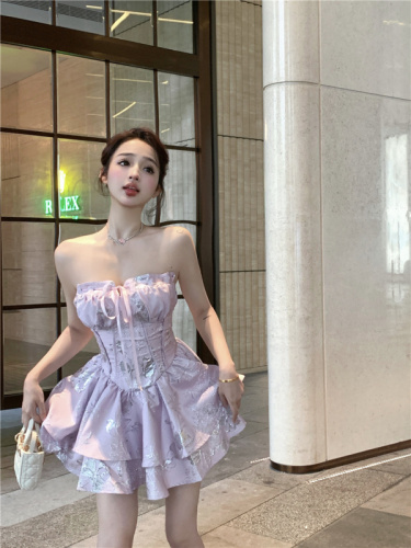 Summer Girl Pink French Temperament Bright Silk Lace Up Thin Birthday Tube Top Princess Dress Female