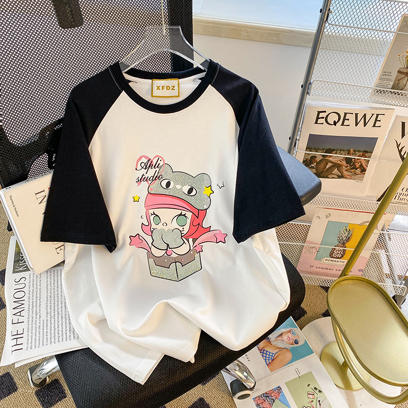 -Large size 300kg 200g pure cotton back wrap collar raglan sleeves printed diamond-studded color matching short-sleeved t-shirt for women