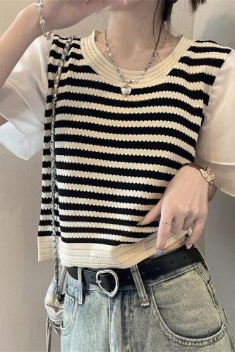 Niche lotus leaf sleeve striped stitching knitted sweater women's summer Korean version loose design top