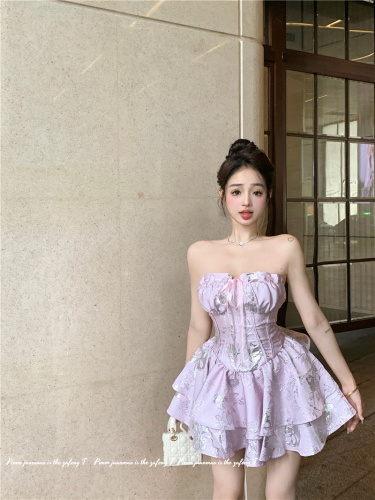 Summer Girl Pink French Temperament Bright Silk Lace Up Thin Birthday Tube Top Princess Dress Female