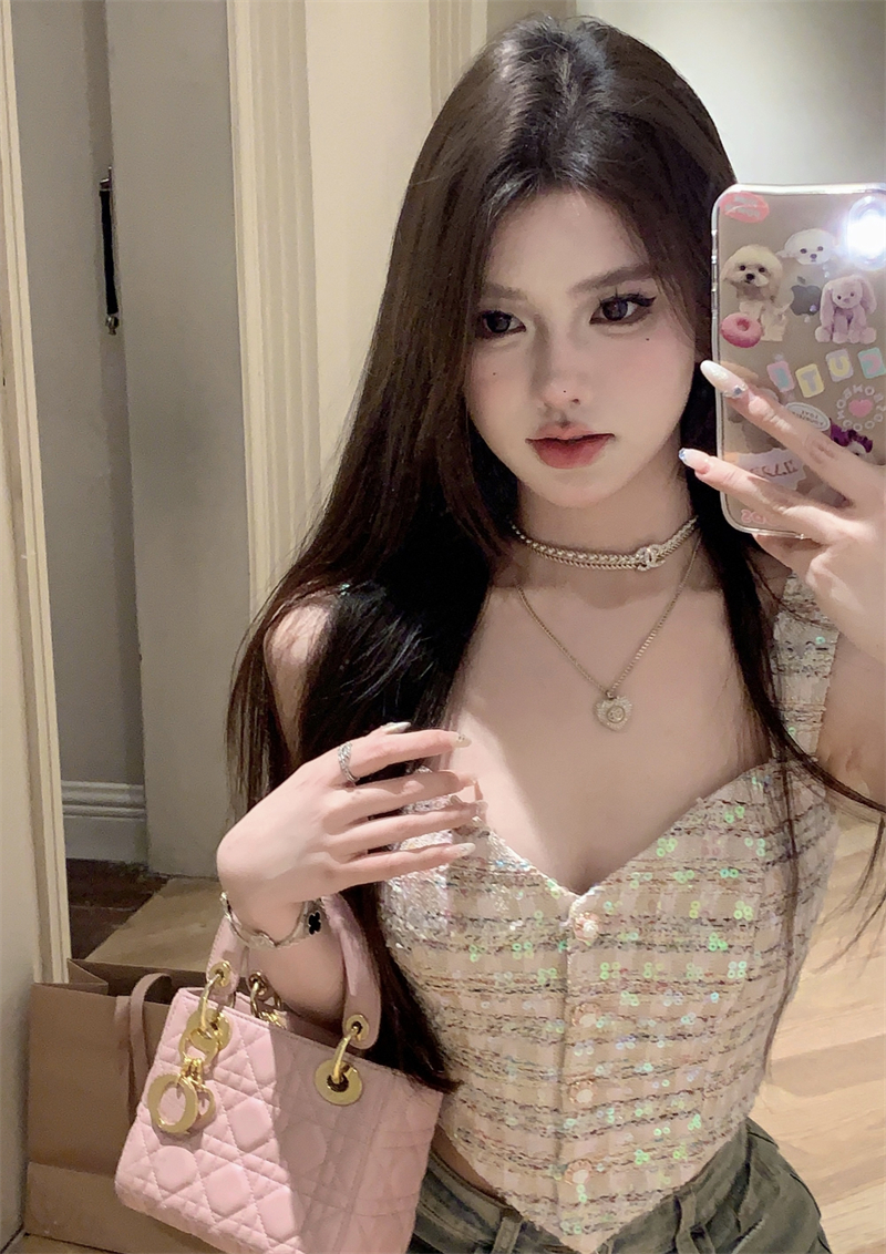 Heavy industry sand line with chest pad camisole female summer short French hot girl temperament top