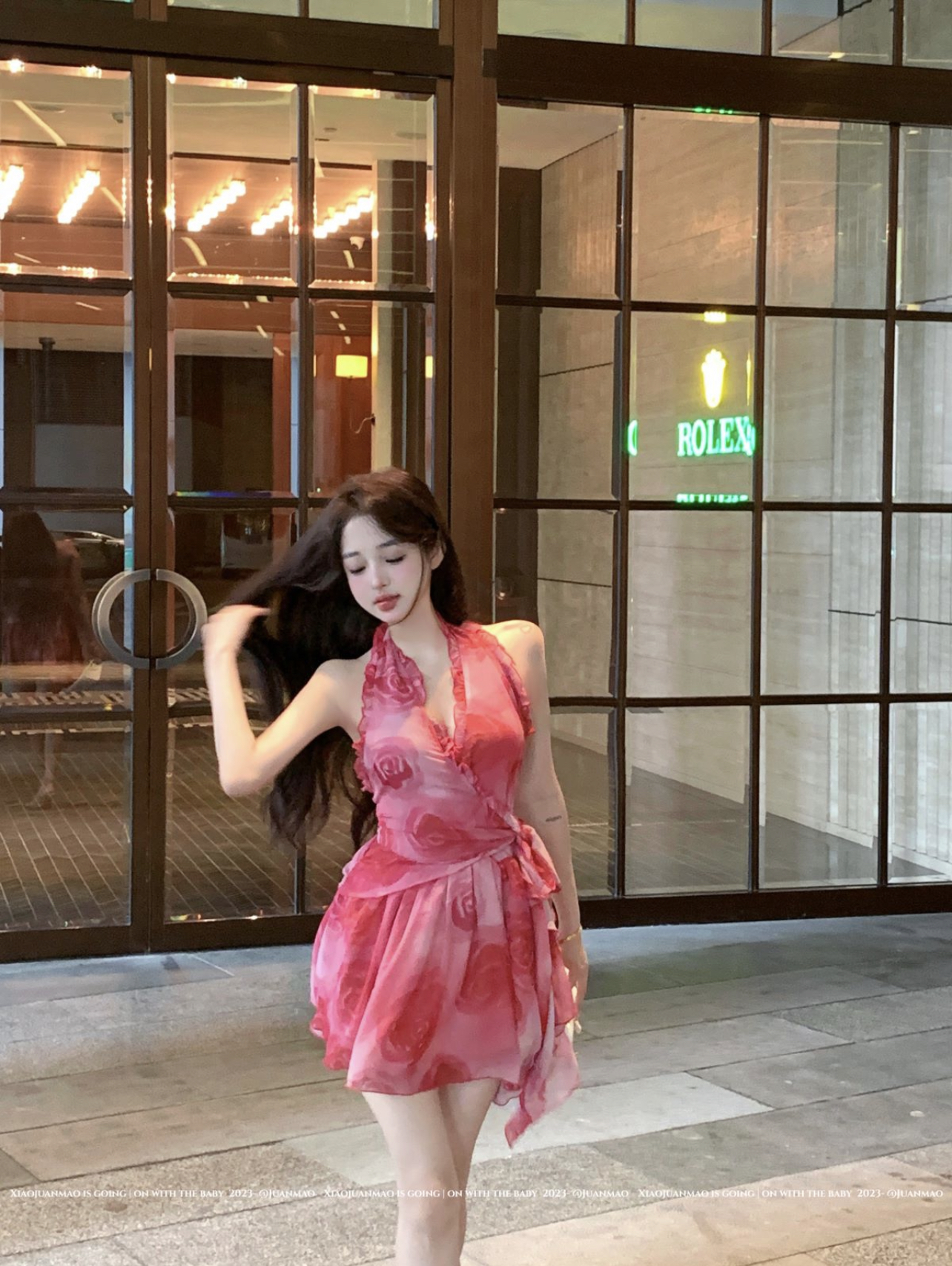 Bright Floral Heavy Industry Chiffon Gentle Temperament Waist Slim Dress Women Summer