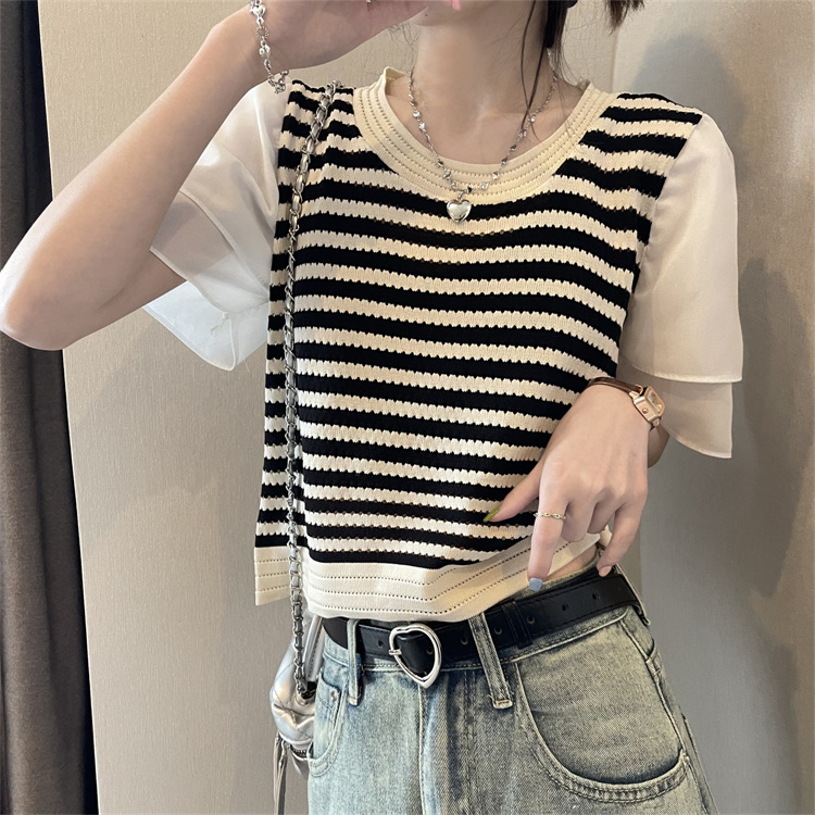 Niche lotus leaf sleeve striped stitching knitted sweater women's summer Korean version loose design top