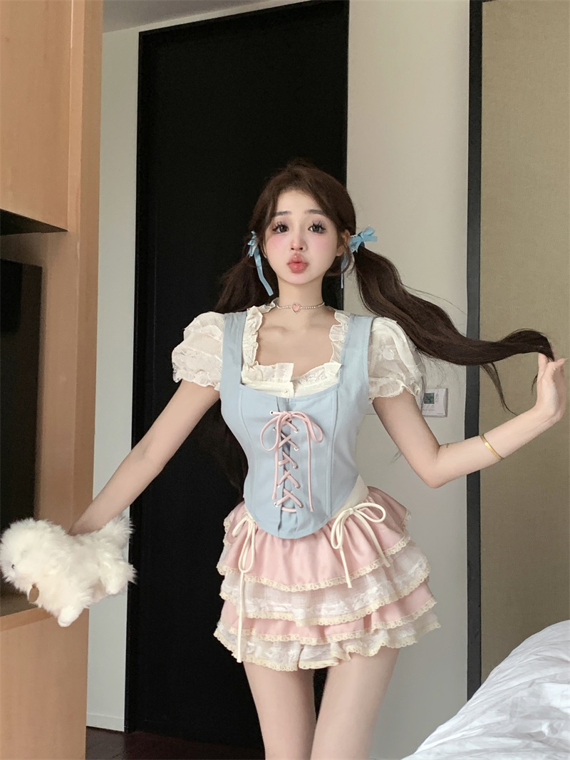 White Peach Sandwich Summer Puff Sleeve Top Shirt Blue Vest Cake Skirt Short Skirt Suit Female